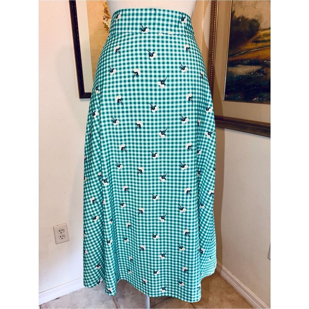 ANN TAYLOR Factory Green/White Checker Floral Tie-Waist Skirt Size 12 - Picture 12 of 15